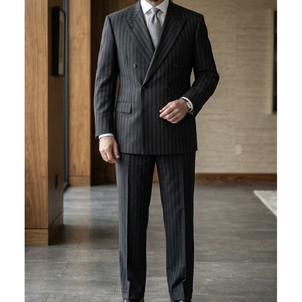 VTG Bachrach Suit Size 44R Double Breasted Black Stripe Wool Made in Italy 37x32